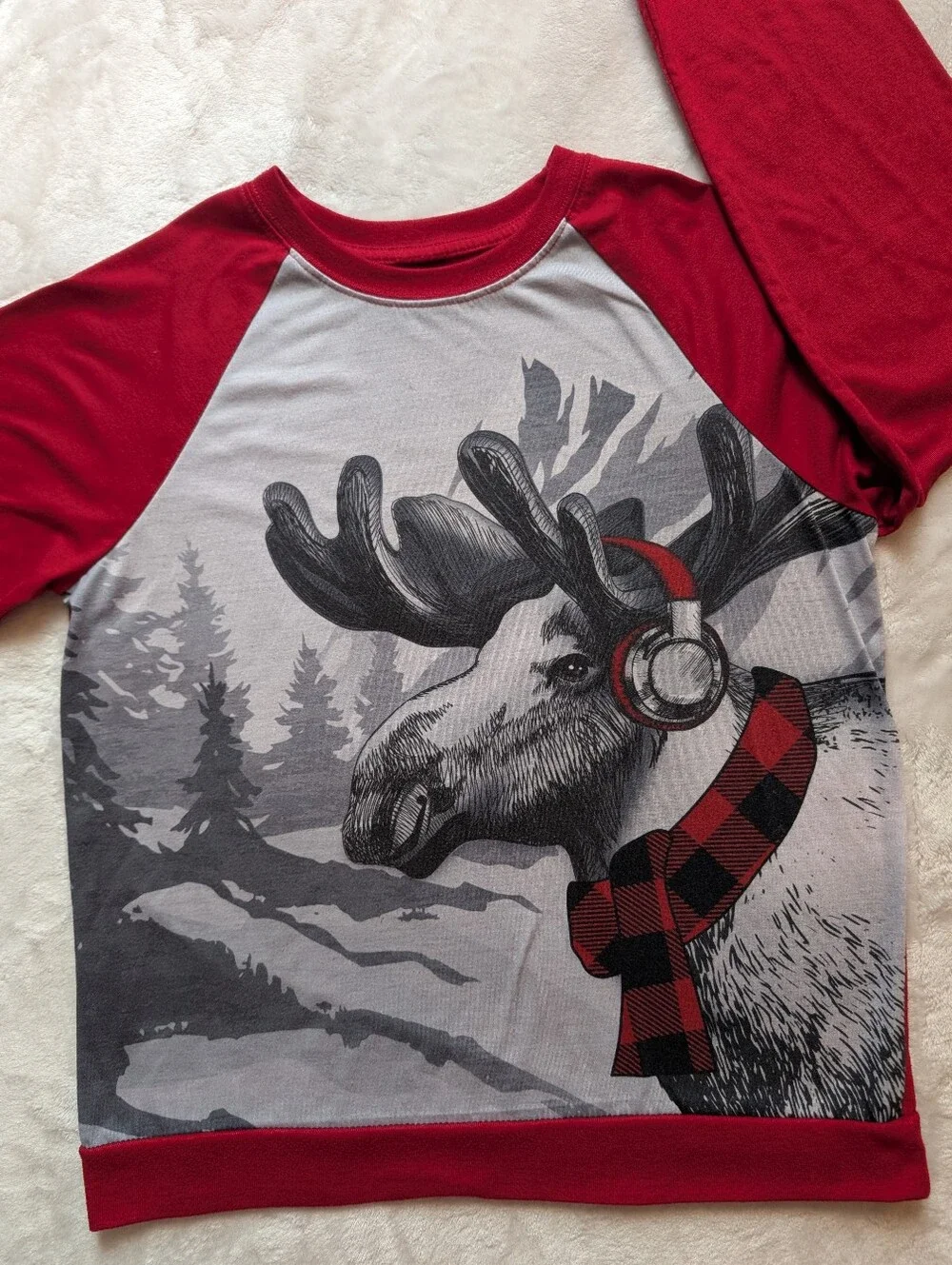 Boys XL 14/16 Moose Winter Pajama Top Red Gray Long Sleeve Good Condition
